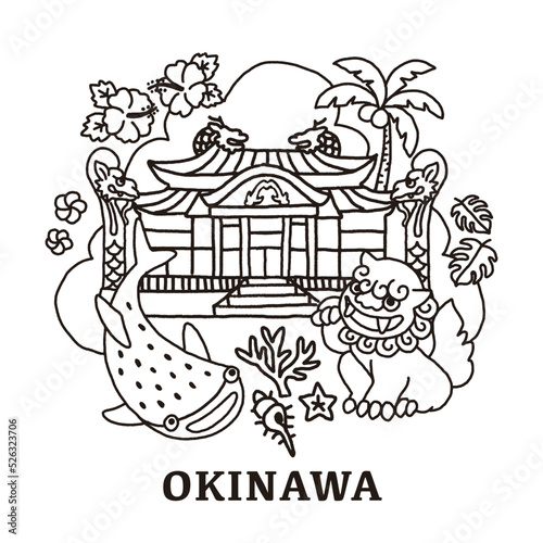 手描き沖縄イメージイラスト、首里城・シーサー・ジンベイザメ・珊瑚・ハイビスカス