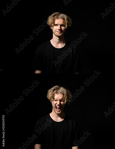 Set of two photo of handsome man in black t-shirt with different emotions and gestures isolated over black background. Sad, happy and angry.