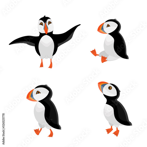 Set of puffins. Flying, standing, sitting, walking. Drawn in cartoon style. Vector illustration for designs, prints and patterns.