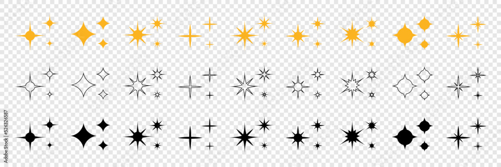 set of stars in black outline and yellow. The set of original vector stars sparkle icon. set of stars in black outline and yellow. The set of original vector stars sparkle icon.