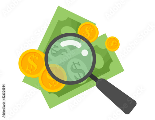 Money with a magnifying glass. Gold coins stack concept illustration in flat style. treasure of gold wealth with bright sparkles, money gold coins stacks concept of savings and dividends