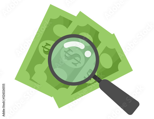 Money with a magnifying glass. Gold coins stack concept illustration in flat style. treasure of gold wealth with bright sparkles, money gold coins stacks concept of savings and dividends