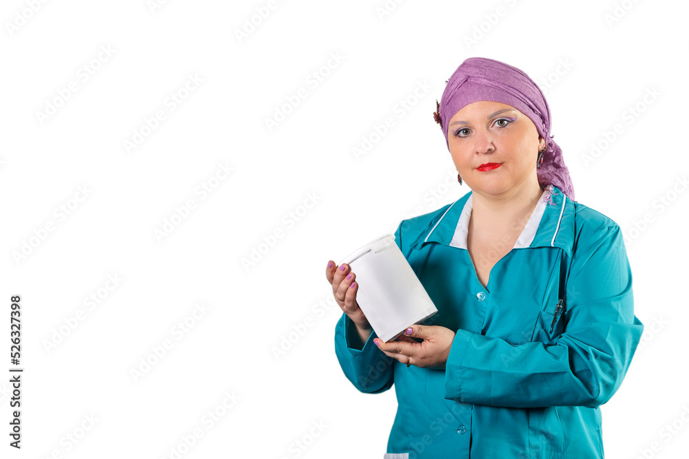 Woman depilation master in a medical uniform with a jar of sugar paste in her hands. save a place.