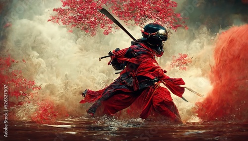 A ken-do warrior standing in a fighting position in the water among the sakura trees