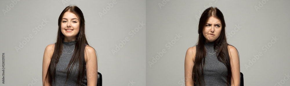 Set of two young woman's portraits with different emotions, angry, sad, happy. Beautiful brunette in a dark t-shirt on a grey background. Collage. Set of two young woman's portraits with different emotions, angry, sad, happy. Beautiful brunette in a dark t-shirt on a grey background. Collage.