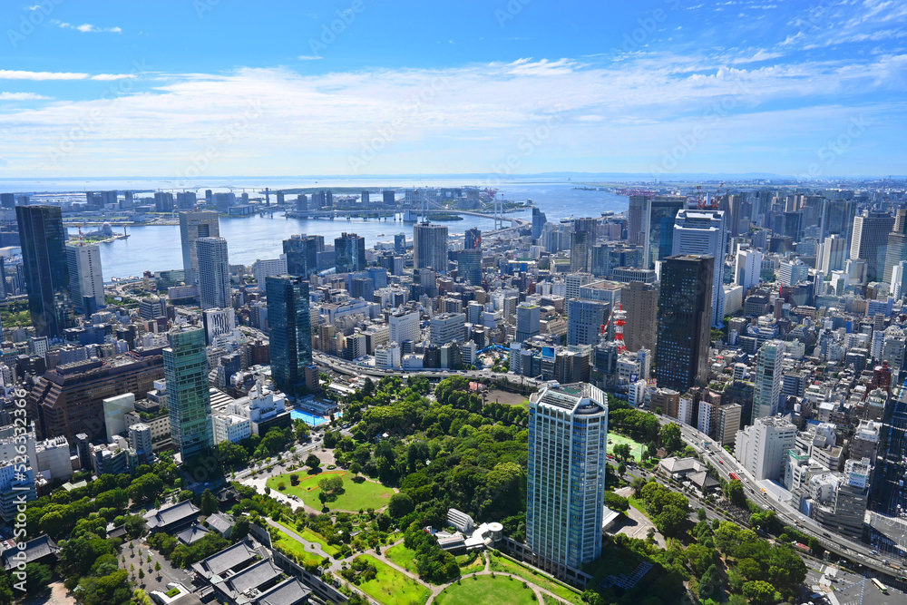 夏の朝に東京タワートップデッキからお台場方面を望む