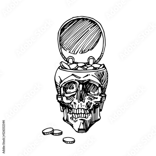 A human skull filled with coins. Golden thoughts. Pirate treasure chest. Vector illustration in black ink, isolated on a white background.