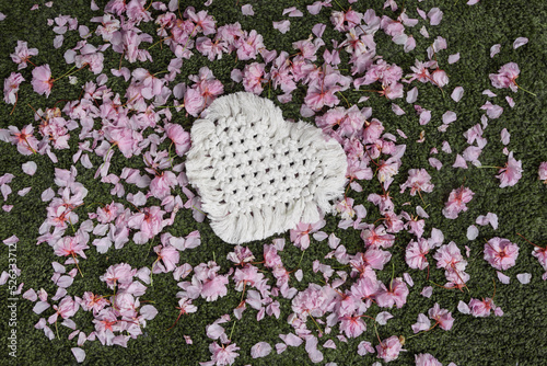 Digital backdrop/background spring wedding newborn girl valentine, white handmade rope braided heart on a bed of real cherry blossoms