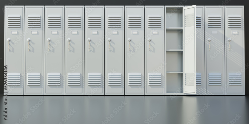 Gym locker. School students storage closets on gray floor. One open empty.