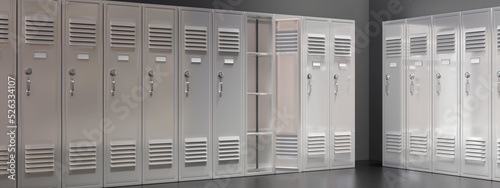 Gym locker. School students storage closets. One open empty.