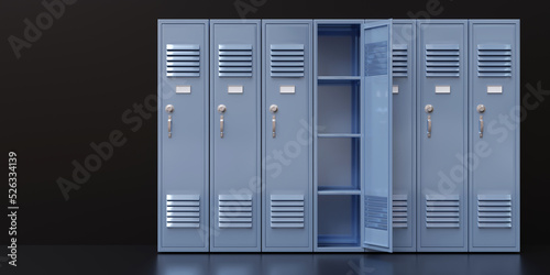 Gym locker, one open empty. School students storage closets on black floor
