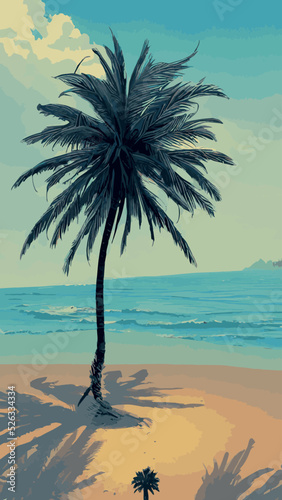 Palm tree on tropical beach with blue sky and white clouds abstract background.