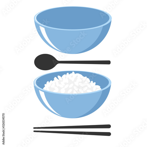 Rice bowl with chopsticks, spoon icon set isolated on white background vector. Cute cartoon food for restaurant.