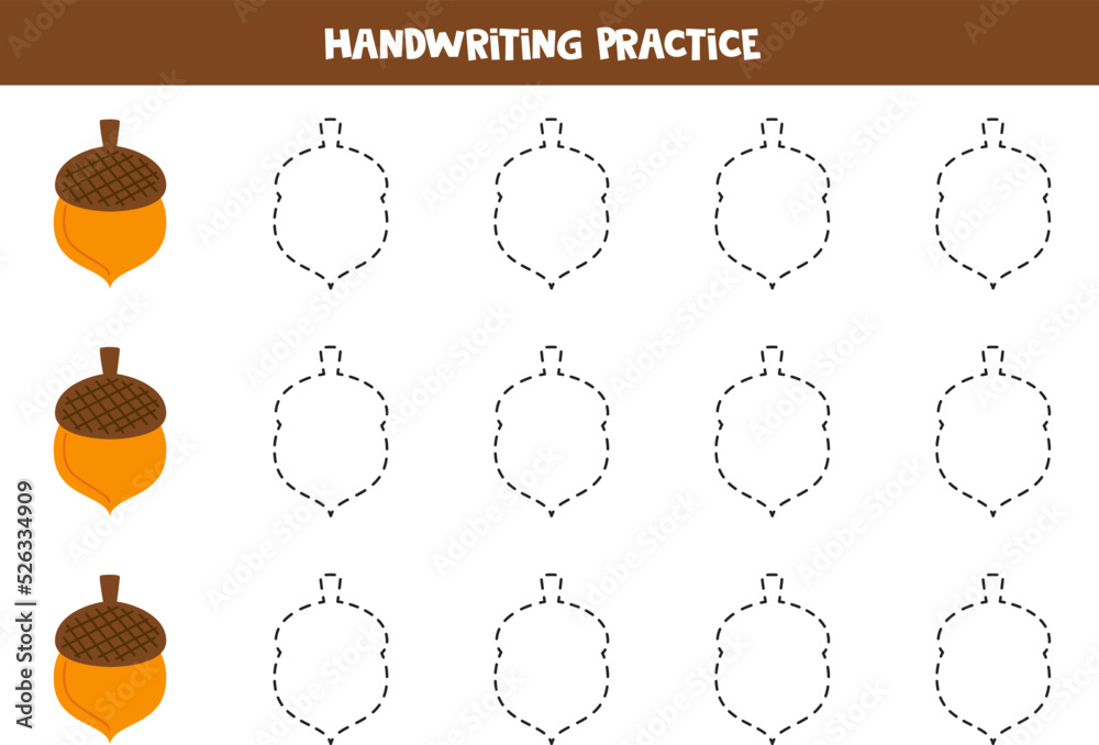 Tracing lines for kids with vector acorns. Handwriting practice. Stock