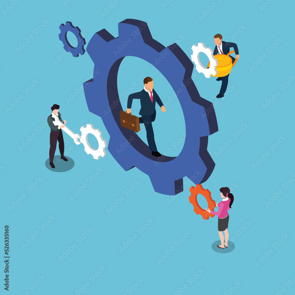 Businessman run along a cogwheel isometric 3d vector illustration concept for banner, website, illustration, landing page, flyer, etc.