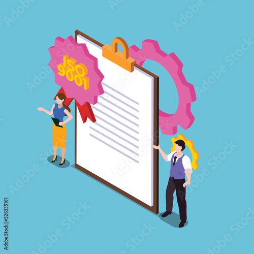 People getting certificate of iso 9001 quality control standards isometric 3d vector illustration concept for banner, website, illustration, landing page, flyer, etc.