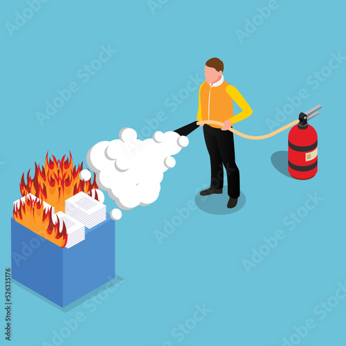 Office Worker with Fire Extinguisher isometric 3d vector illustration concept for banner, website, illustration, landing page, flyer, etc.