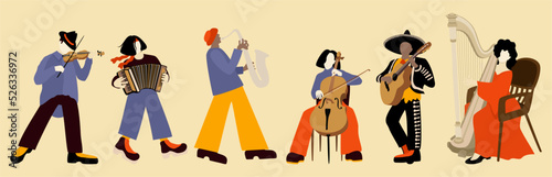 Various musicians playing their instruments. Vector bright set. Violinist, accordionist, saxophonist, violoncellist, guitarist, harpist.