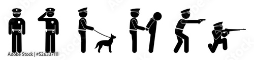 policeman icon, stick figure police officer, isolated human silhouettes