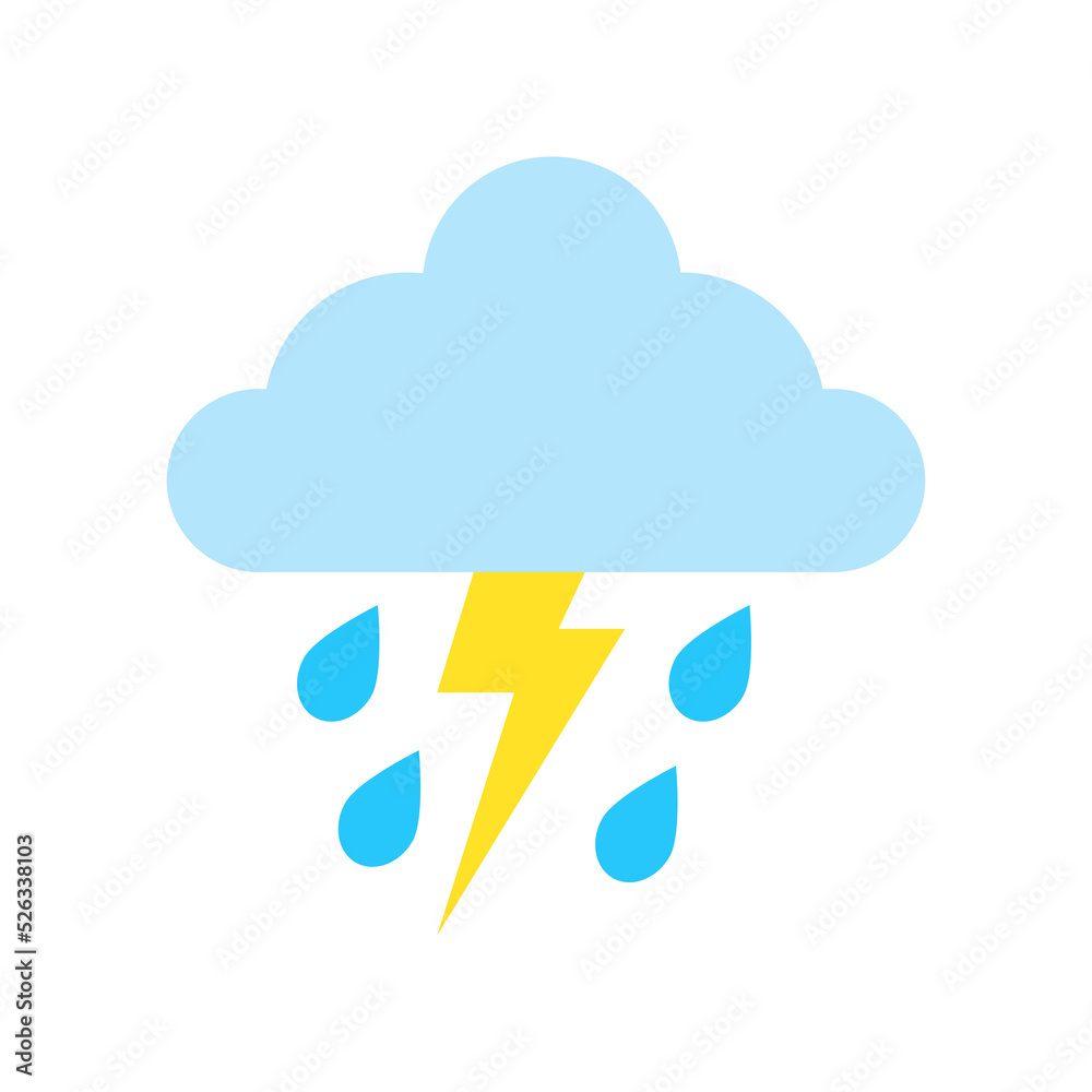 Rainy icons, sky filled with cartoon clouds and lightning.