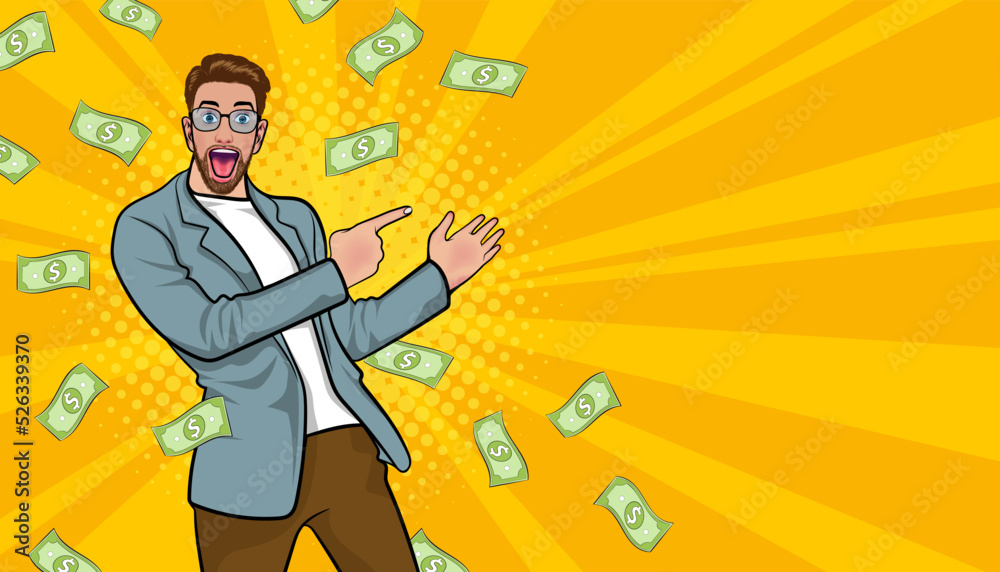 surprise business man successful and shocking with Falling Money Pop art retro comic style surprise business man successful and shocking with Falling Money Pop art retro comic style