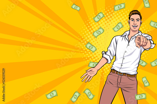 surprise business man successful and shocking with Falling Money Pop art retro comic style