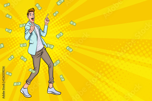 surprise business man successful and shocking with Falling Money Pop art retro comic style
