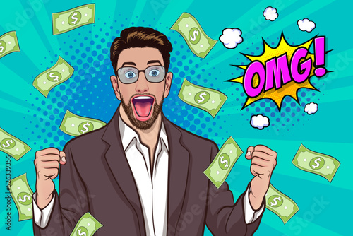 surprise business man successful and shocking with Falling Money Pop art retro comic style