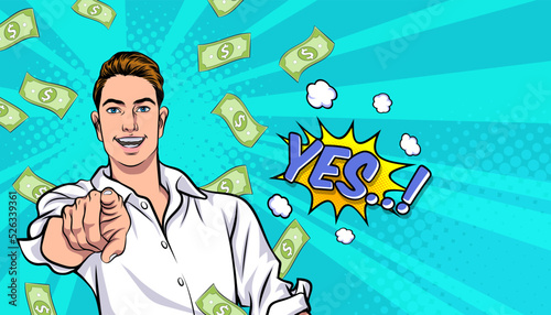 surprise business man successful and shocking with Falling Money Pop art retro comic style