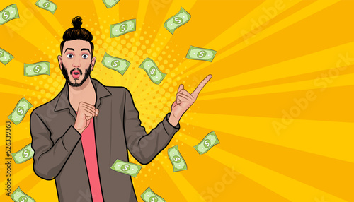 surprise business man successful and shocking with Falling Money Pop art retro comic style