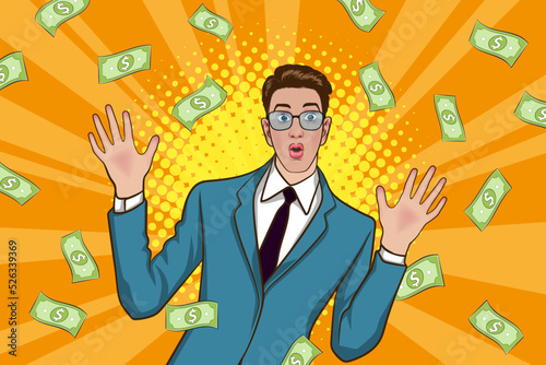 surprise business man successful and shocking with Falling Money Pop art retro comic style