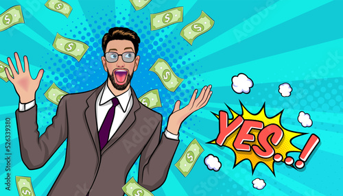 surprise business man successful and shocking with Falling Money Pop art retro comic style