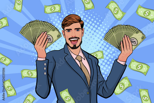 surprise business man successful and shocking with Falling Money Pop art retro comic style