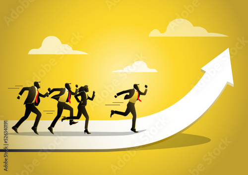 Business people employees running on career path arrow