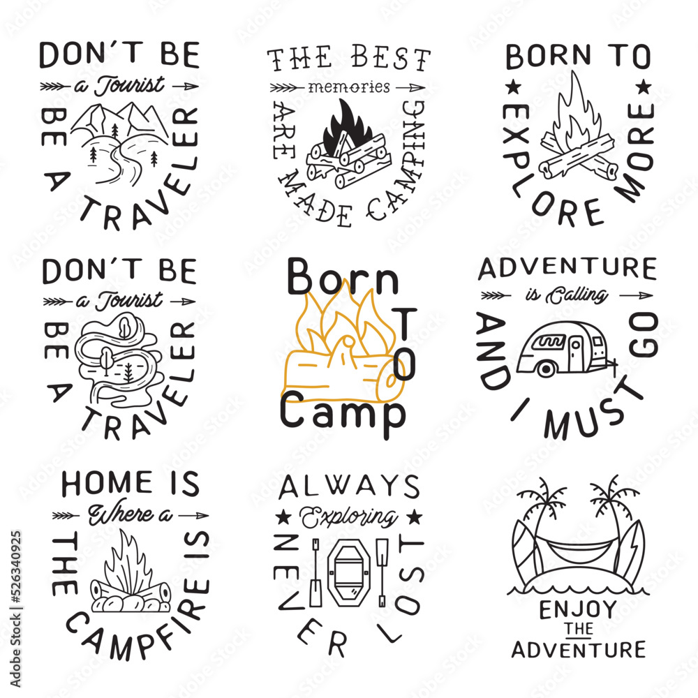 Camping Badges Set in minimalist Line Art Style with Different Quotes. Travel linear Emblems. Hiking Silhouette Labels. Stock vector prints