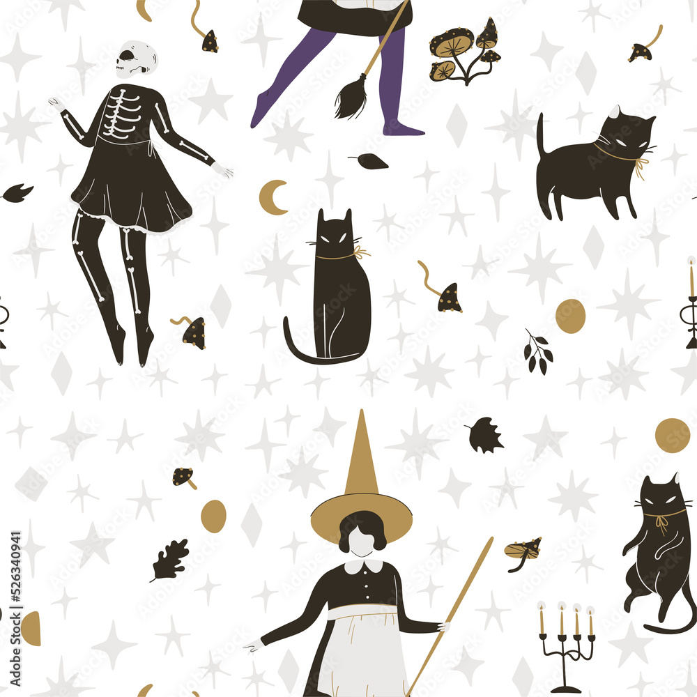 Naklejka premium Magic Halloween seamless pattern with carnival party characters