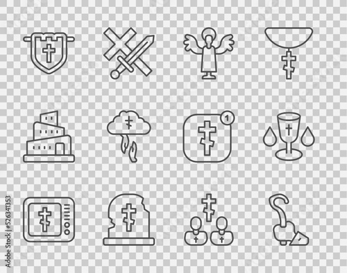 Set line Online church pastor preaching, Magic staff, Angel, Grave with tombstone, Flag christian cross, God's helping hand, Priest and Christian chalice icon. Vector