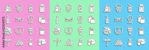 Set line Cheese, French baguette bread, Paper shopping, Coffee cup to go, cafe, Champagne bottle, and Eiffel tower icon. Vector