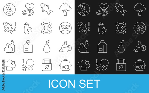 Set line Cooking pot and chicken leg, Bottle of olive oil, Sprout, Fish, Eggplant, No fish, Rabbit and leather icon. Vector