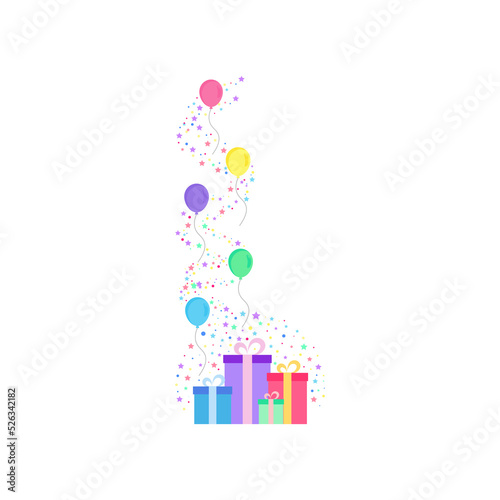 Happy birthday party, birthday party, colorful gift box full of glittering light and many colorful balloons, party background, fireworks,Exploding party popper with confetti,vector illustration icons. © StockBURIN