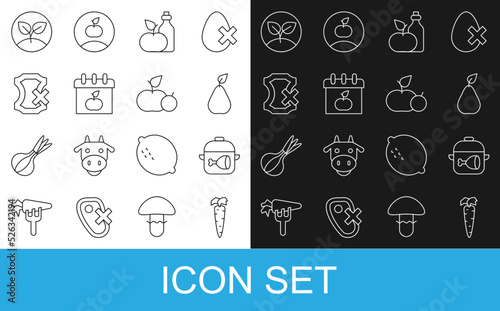 Set line Carrot, Cooking pot and chicken leg, Pear, Apple cider vinegar bottle, World Vegetarian day, No leather, Sprout and icon. Vector
