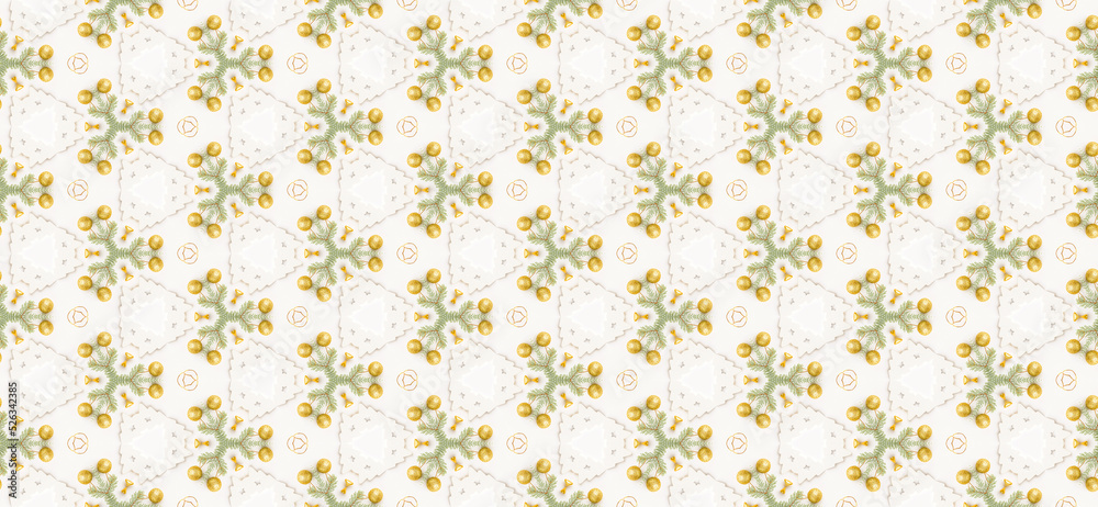Seamless pattern in white with Christmas toys and Christmas tree branches.Design for decor, print. Background, wallpaper