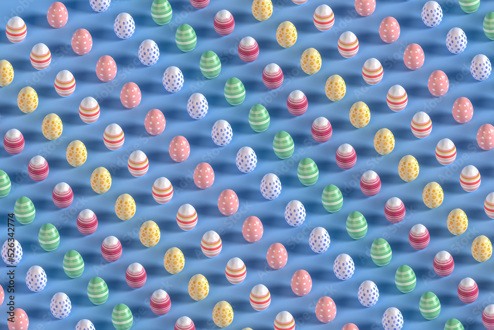 
3d illustration of many different colored easter eggs in blue background
