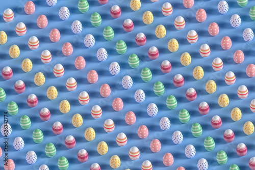 
3d illustration of many different colored easter eggs in blue background