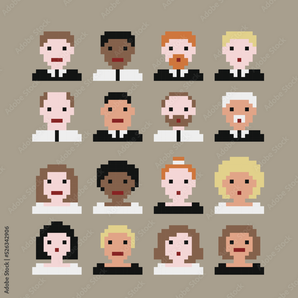 Vector avatars set, business people. 8 BIT retro gaming style, group, team, people, males and females