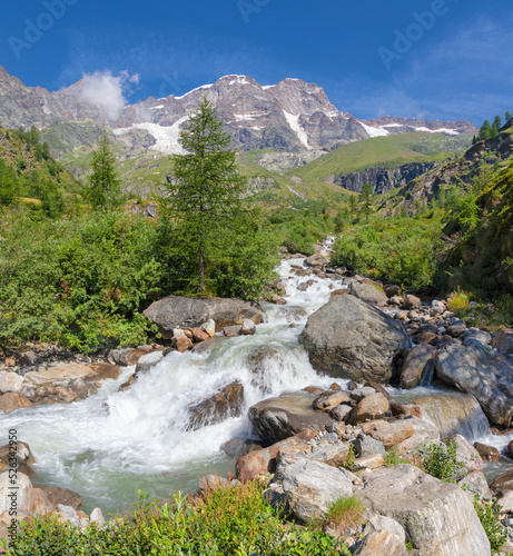 The panorama of peaks Punta Gnifetti or Signalkuppe, Parrotspitze, Ludwigshohe - Valsesia valley. photo