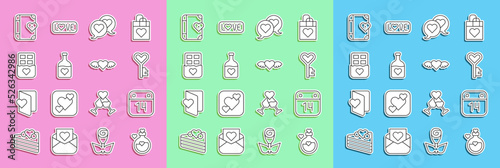 Set line Bottle with love potion, Calendar February 14, Key in heart shape, Heart speech bubble, Chocolate bar, Love diary and wings icon. Vector