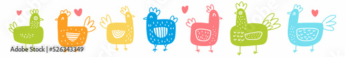 A hand-drawn set of cute chickens. Vector illustration of farm birds drawn in the style of doodles.