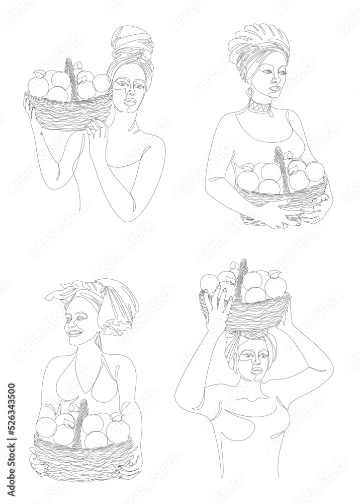 Collection. Silhouettes of a girl in a headscarf. The lady holds in her hands a basket of oranges, oranges. Woman in modern one line style. Solid line, outline, logo. Vector illustration, set. Collection. Silhouettes of a girl in a headscarf. The lady holds in her hands a basket of oranges, oranges. Woman in modern one line style. Solid line, outline, logo. Vector illustration, set.