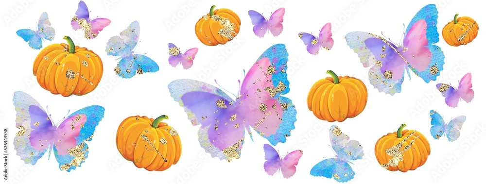 Butterflies, pumpkins, golden splashes, floral elements. Halloween pattern, autumn, forest, field design template.